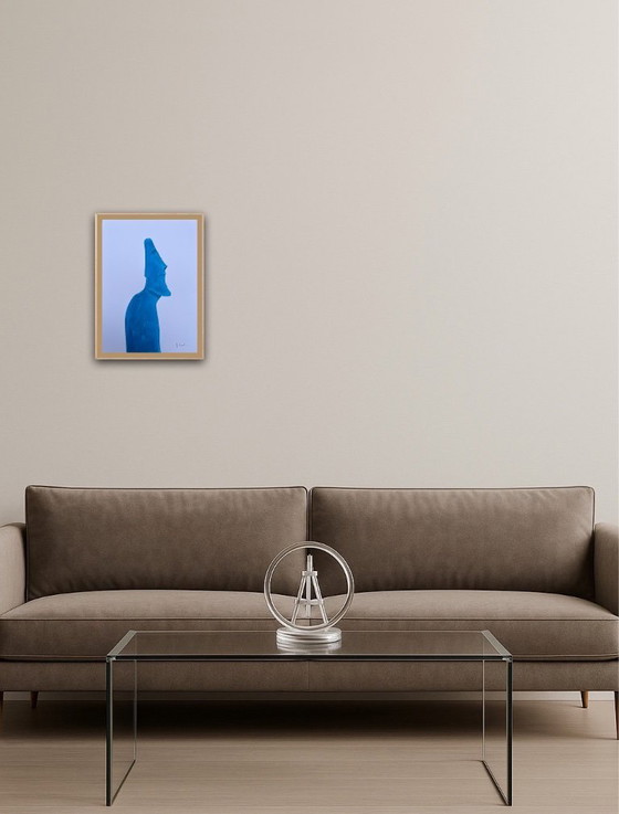 Image 1 of Turquoise Oost-Indische inkt op wit papier.  Formaat 30x21cm. Moai