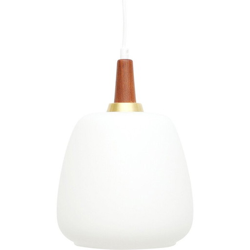 Lámpara colgante vintage blanca de cristal blanco y madera de teca, Dinamarca 1960