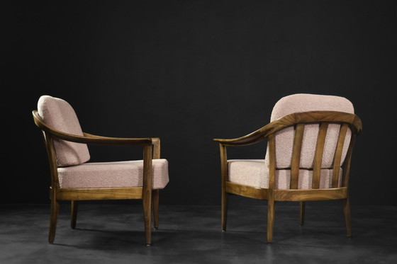 Image 1 of Mid-Century German Modern Elegante Kirschholz- und schmutzigrosa Stoffsessel von Wilhelm Knoll, 1970er Jahre, 2er-Set