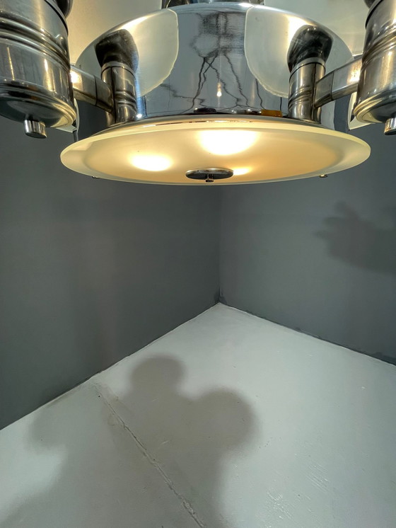 Image 1 of 1930s Art Deco Chrome Chandelier with Frosted Glass Disc Shades – Czech Vintage Lighting