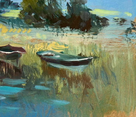 Image 1 of Dipinto ad olio originale, paesaggio costiero con campi e tre barche sul fiume.