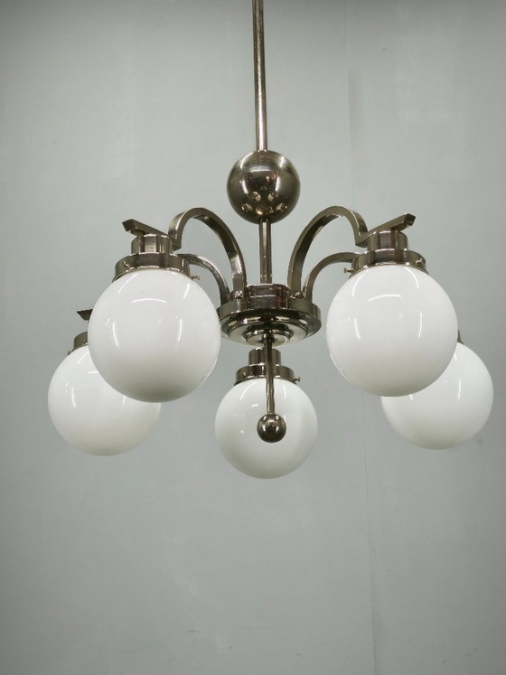 Image 1 of Art Deco Five-Light Chrome Chandelier, Czechoslovakia, 1930s