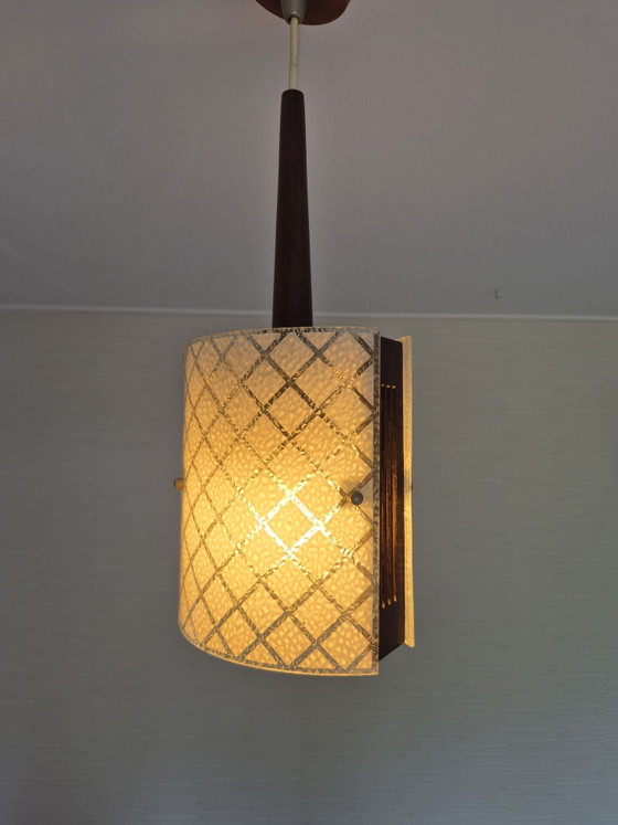 Mid-Century Pendant lamp in teak and embossed glass. Vintage lamp., Wood, Brown (photo 14 of 14)