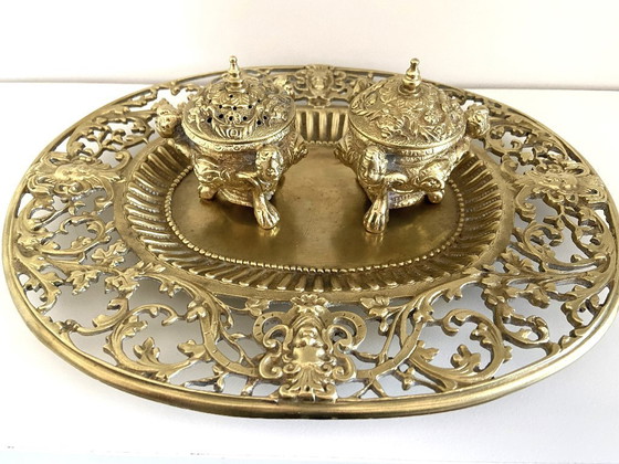 Image 1 of Double Encriers sur Plateau Bronze Doré Ciselé Style Louis XV Epoque Napoléon III