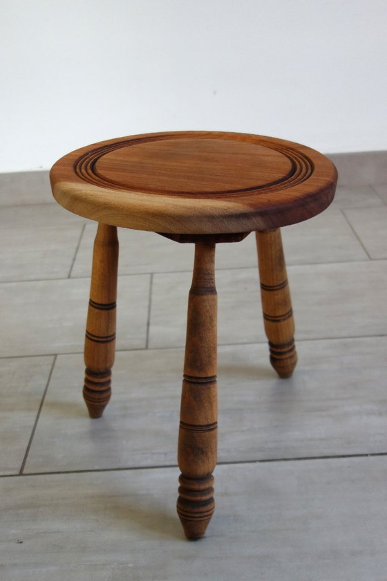 Brutalist Vintage Tripod Stool, France, 1930s, Wood, Brown, Rustic (photo 3 of 8)