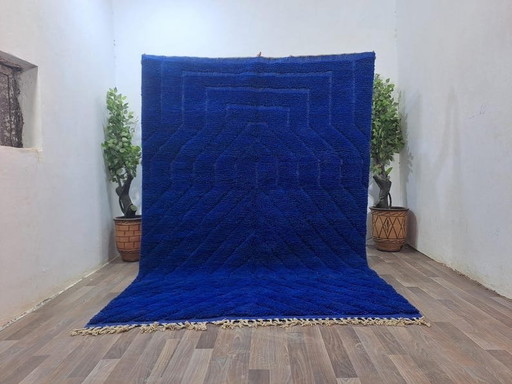 Grand tapis berbère fait à la main traditionnelle bleu 3/4 m