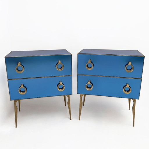 Pair of Blue Mirrored Chests of Drawers with Brass Details, Mid-Century Style – ladekasten, Glass