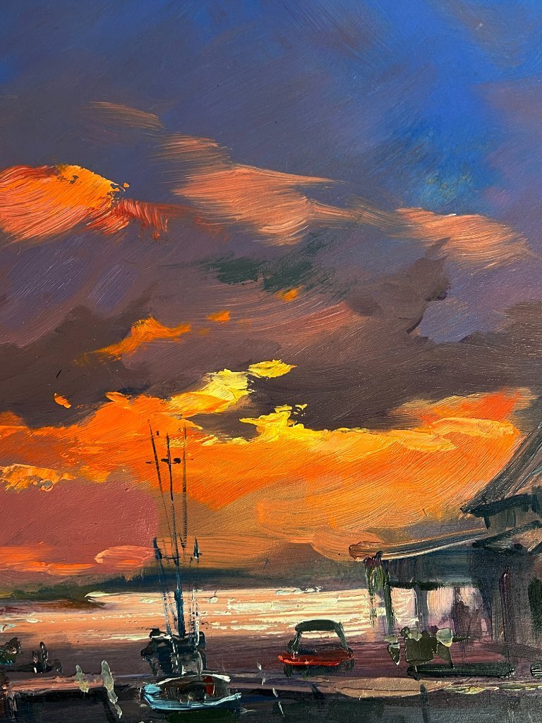 エドワード・カキュエル、An afternoon boating、希少画集より Original Oil Painting Countryside Landscape River Sunset Evening