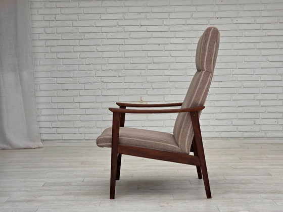 Image 1 of Poltrona danese con schienale alto, anni '70, lana per mobili, legno di teak, originale.