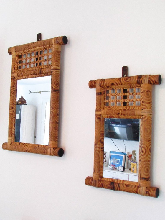 Image 1 of Pair of mirrors, bamboo and woven wicker