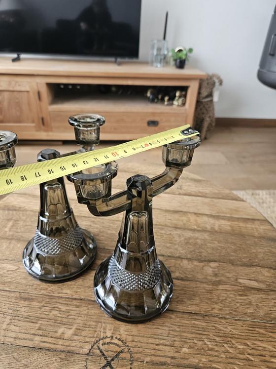 Image 1 of Bellissimo set di candelabri vintage Art Déco in vetro fumé (20 cm)