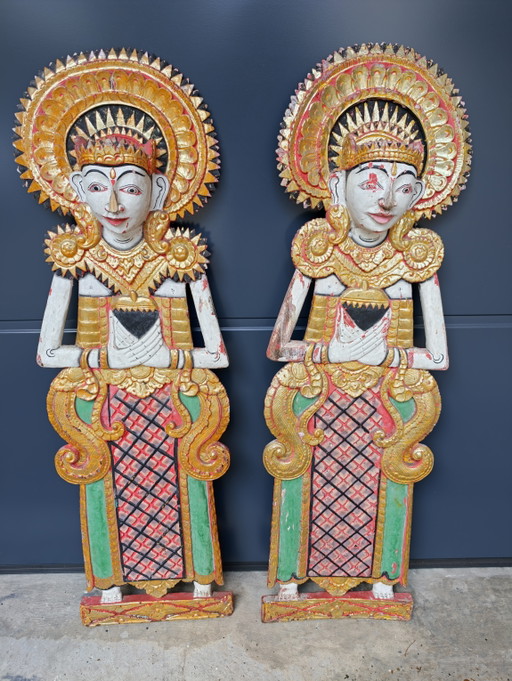 2 Gepolychromeerd Balinees Tempelbeeld Arca Vrouwen Verguld 1920s – beeldhouwkunst, Wood