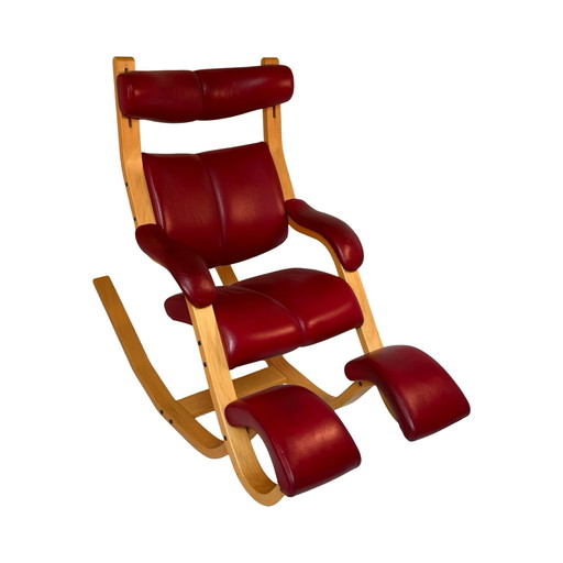 Peter Opsvik - Stokke - Gravity Balance (Design from 1991) Ergonomically Shaped Rocking Chair - Red Leather and Natural Frame