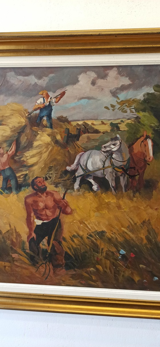 Image 1 of Oil Painting by T. Ahlberg, Harvest Scene with Horses and Farmers
