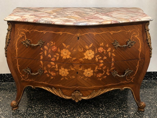 Cassettiera in noce con intarsi e marmo, 1958