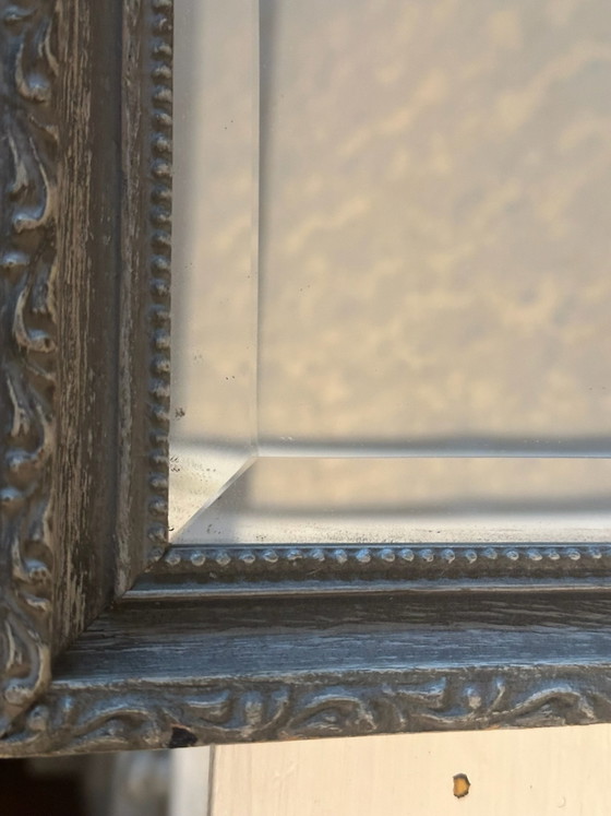 Antique Beveled Mirror, Anthracite Molded Wood Frame H 30/W25 cm, Glass, Grey, Vintage (photo 9 of 12)