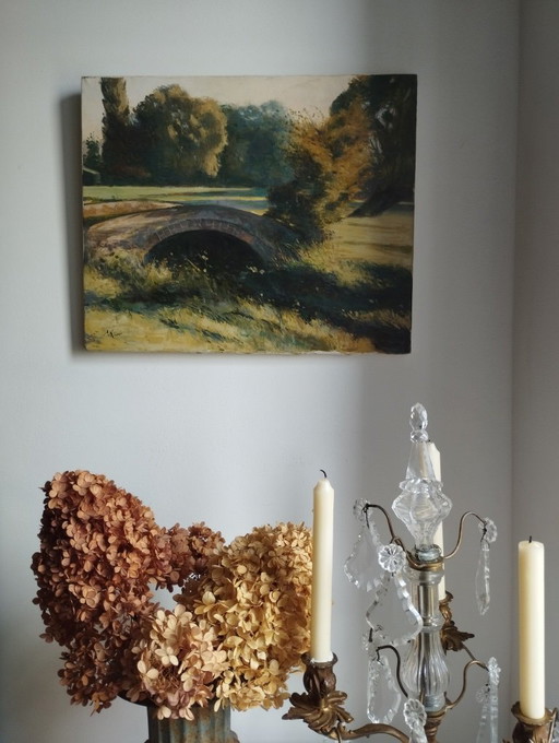 Signiertes postimpressionistisches Ölgemälde. Alte Backsteinbrücke in der Normandie.