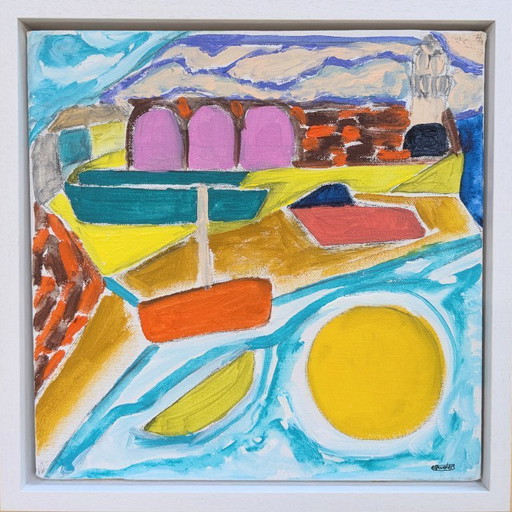 ST IVES HAVEN & BOTEN CANVAS SCHILDERIJ GESIGNEERD ABSTRACT NIGEL WATERS INGELIJST