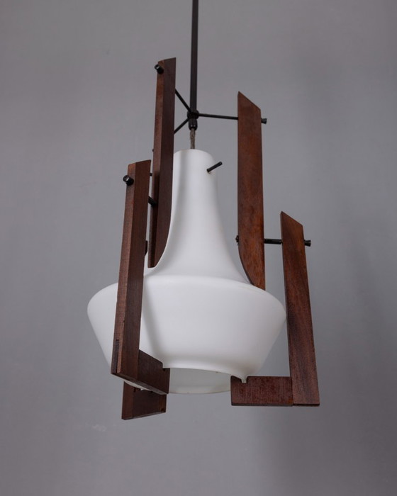 Image 1 of VINTAGE 1950S WOOD AND GLASS CHANDELIER DESIGNED BY ICO PARISI