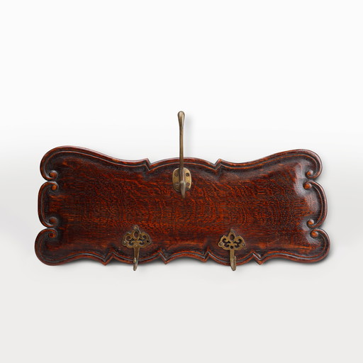 Art Nouveau Style Coat Rack in Oak with Brass Hooks, France ca. 1915