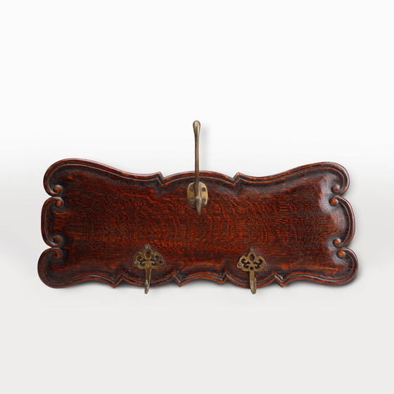 Image 1 of Art Nouveau Style Coat Rack in Oak with Brass Hooks, France ca. 1915