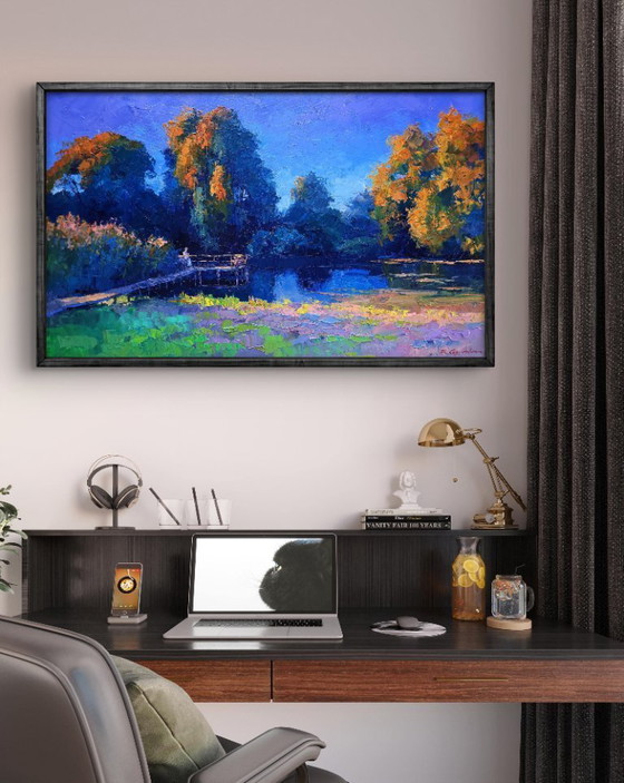 Image 1 of Original Oil Painting Nature Landscape Summer Sunset Evening on the Lake