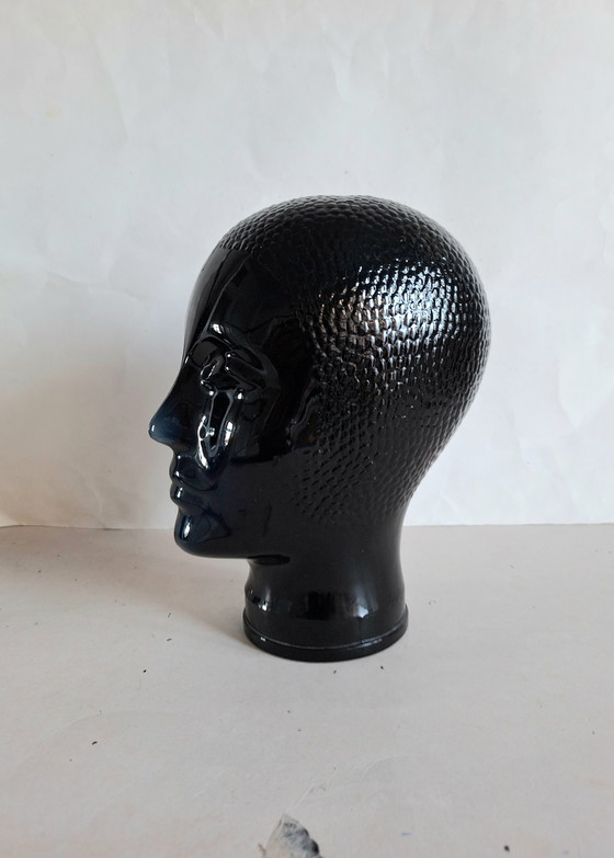 Image 1 of Zwart glazen design hoofd naar ontwerp van Piero Fornasetti 1970.