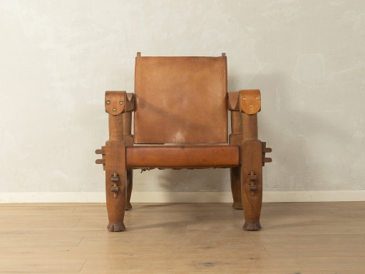 Brutalistische vintage safarifauteuil – Leather, Wood