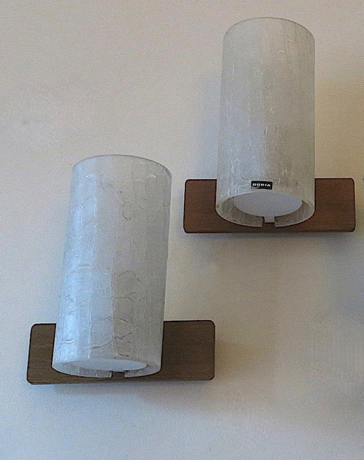 Pair of Doria Frosted Crackled Glass and Teak Wall Lights, 1960s