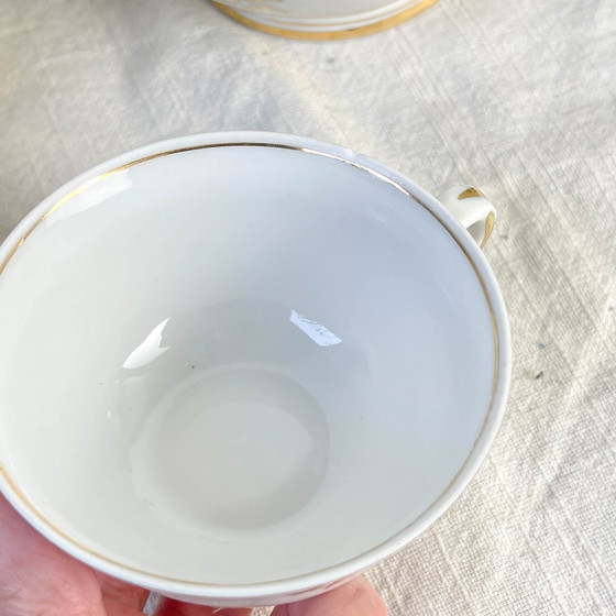 Image 1 of Set da tè/caffè vintage in porcellana bianca con finiture dorate FD Chauvigny