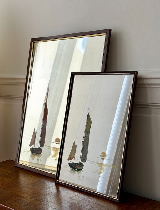 Pair of vintage mirrors with sailboat decoration, seaside atmosphere, 70s/80s