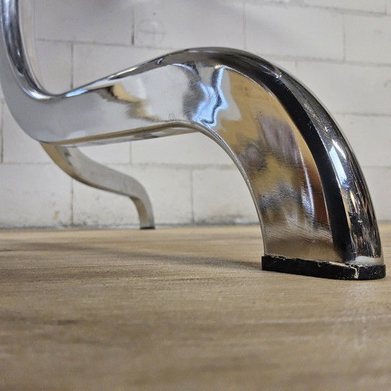 Image 1 of Vintage Gastone Rinaldi voor Rima chroom & rookglas eettafel + stoelen met kleurrijke bekleding (Itiliaans design)