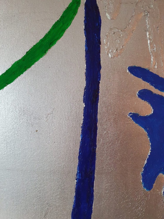 Peinture avec visage stylisé, argent et multicolore, Peintures et dessins, Toile, Argenté, Modern (photo 4 sur 5)