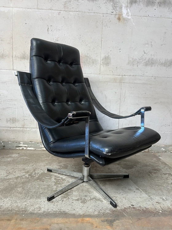 Artifort Swivel Armchair Black Leather Lounge Chair, Chrome (photo 14 of 14)