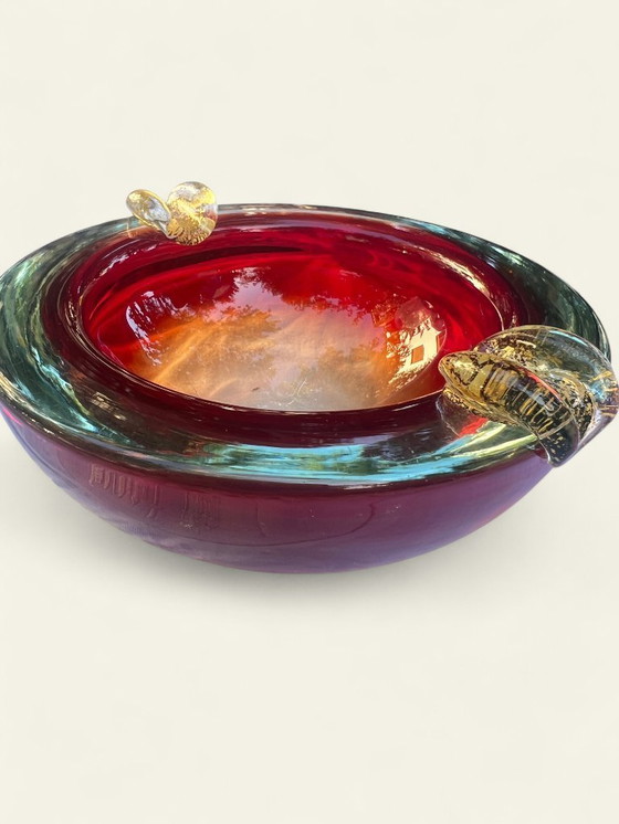 Image 1 of Rarità! Posacenere in vetro di Murano italiano con pestello | Vintage anni '70 | Oggetto in vetro rosso-verde | Da collezion