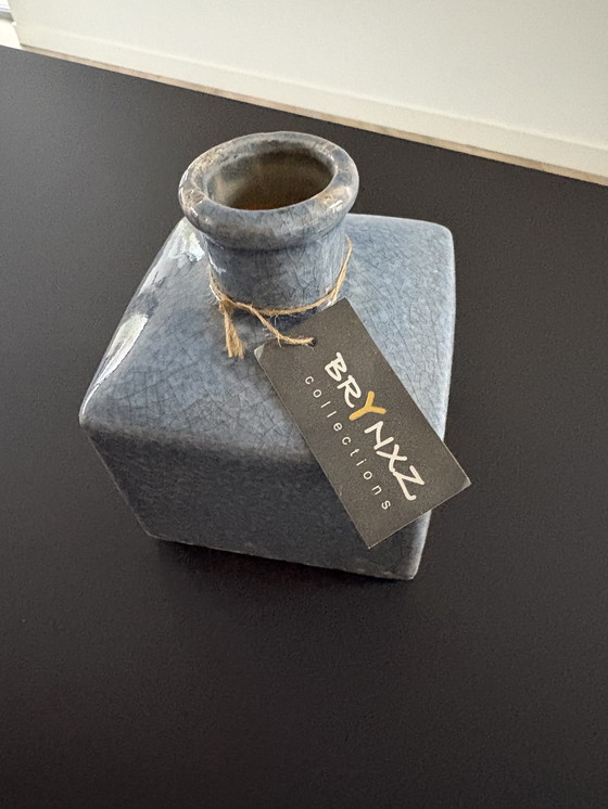 Image 1 of Decorative block vase in rough, blue crackle glaze, brand Brynxz