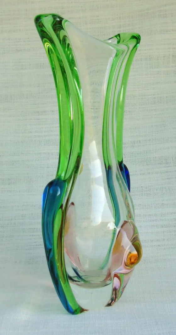 Image 1 of Vintage František Zemek Rhapsody Bohemian Crystal Vase, Czech Sommerso Art Glass, Original Label, Mid-Century Design