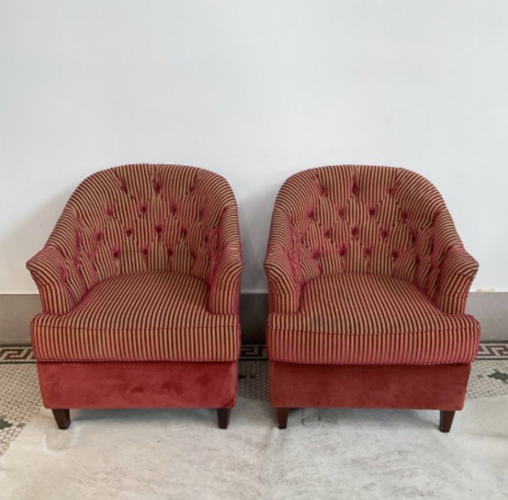 Image 1 of Ensemble de 6 fauteuils en velours + 2 poufs ovales