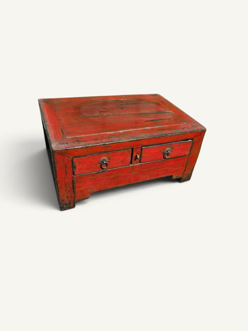 Cassapanca bassa cinese antica in legno laccato rosso patinato – salontafels, Metal, Wood
