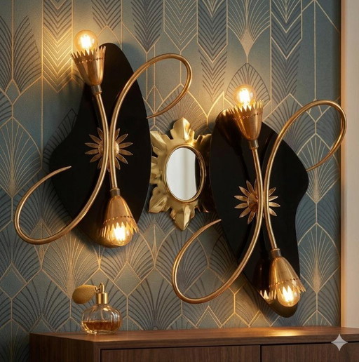 Vintage 1950s Wall Sconces, Gilded Brass and Black Metal, Retro Style