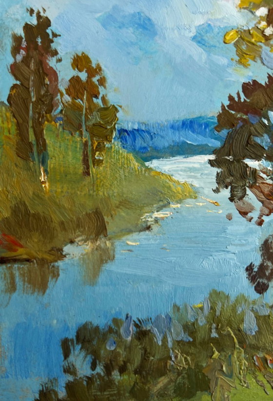 Image 1 of Original Oil Painting Summer River Landscape Warm summer day by the river