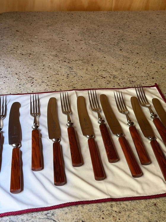 Vintage Carl Voos Solingen German Flatware Set - 12 Piece MCM Knife And Fork Set - Rostfrei Stainless Steel (photo 12 of 32)