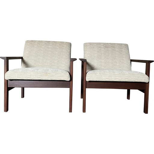 Coppia di poltrone scandinave vintage in teak e tessuto beige