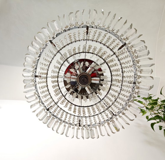 Image 1 of Mid Century Chrome Crystal Chandelier / Retro Tier Waterfall Ceiling Light / 1970s Hollywood Regency Pendant Lamp / Vintage Hang