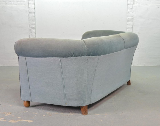 Image 1 of Chesterfield Style Duotone Two-Seat Victorian Sofa in Frosted Blue and Moss Green Velvet, 1950s.