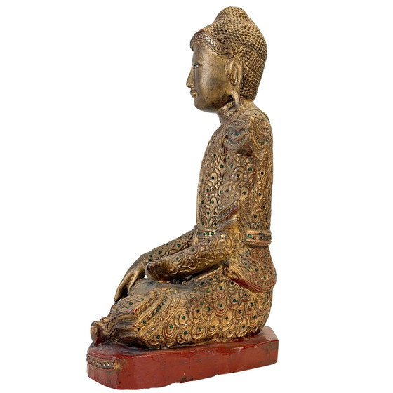 Antique Burmese Jambupati Buddha with glass mosaic, c. 1900 – Sculpture, Wood, Gold (photo 9 of 11)