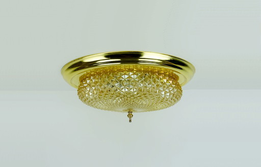mid century ceiling LAMP flush mount textured amber glass and brass 1970s