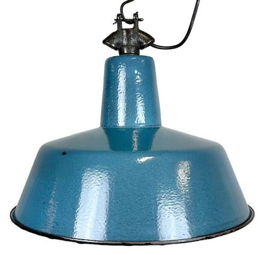 Lampada da fabbrica industriale in smalto blu con parte superiore in ghisa, anni '60