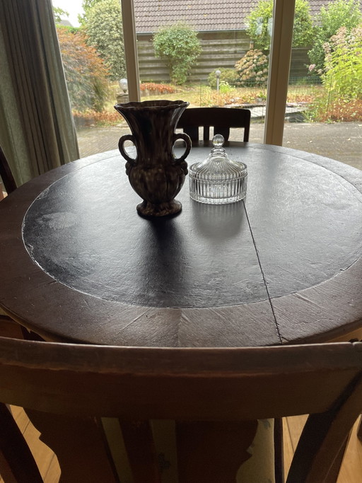 Antique oval table with chairs – eetkamerset, Textile, Wood (photo 2 of 9)