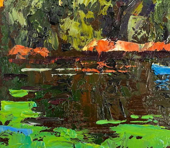 Image 1 of Original Oil Painting Summer River Landscape Willows bent over the silence